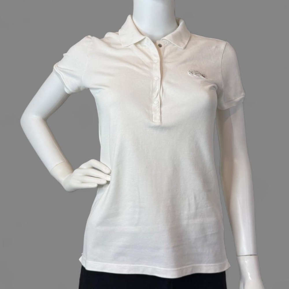 Lacoste Womens 38 White Stretch Pique Polo Shirt Crocodile Logo Y2K Preppy